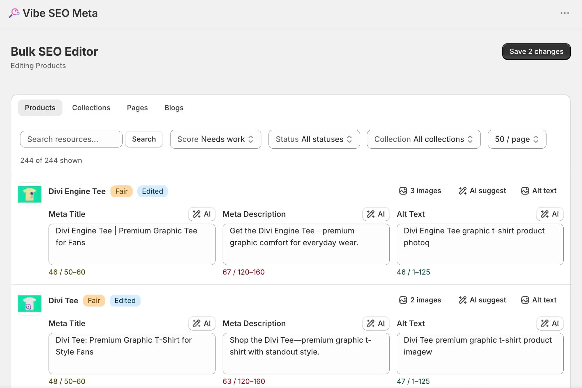 Vibe SEO Meta — Bulk Editor: Edit every resource from one screen