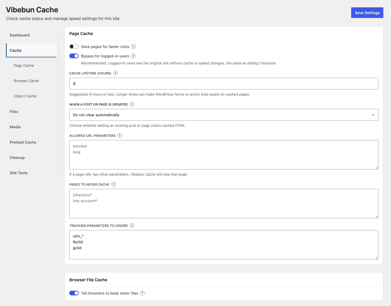 Vibebun Cache — Cache settings: Set the cache lifetime, choose what happens when a post is updated, allow specific URL parameters, and list pages that should never be cached — /checkout* and /my-account* are excluded out of the box.