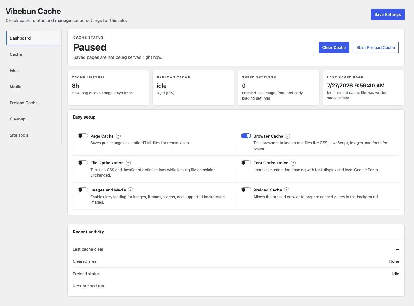 Vibebun Cache — Dashboard: Cache status, lifetime, preload progress, and the last saved page at a glance. Easy setup toggles switch on Page Cache, Browser Cache, File Optimization, Font Optimization, Images and Media, and Preload Cache from a single panel.