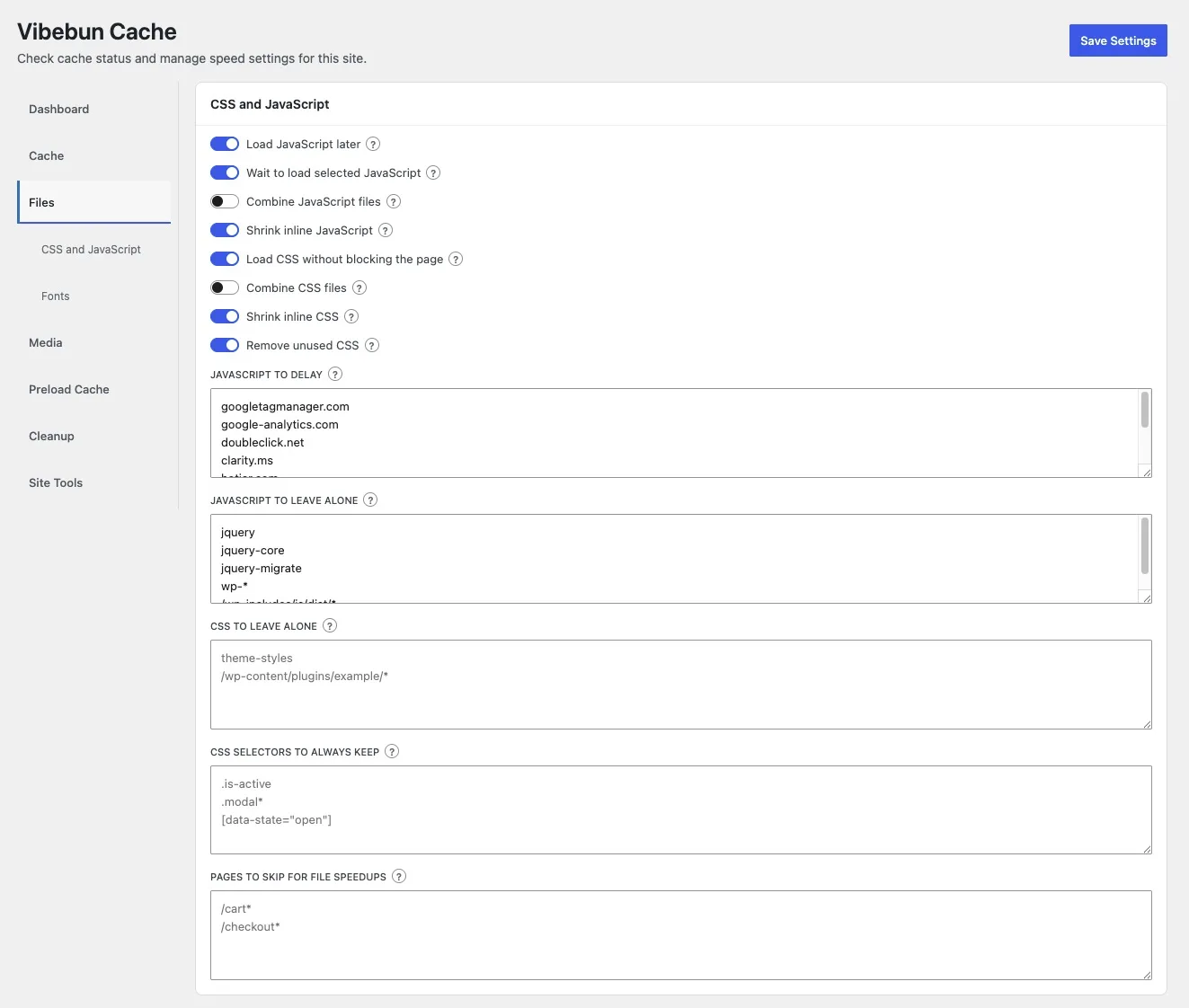 Vibebun Cache — CSS & JavaScript: Toggle each file optimization independently: load JavaScript later, combine files, shrink inline code, remove unused CSS. Every option has its own exclusion list for handles, selectors, and pages to leave alone.
