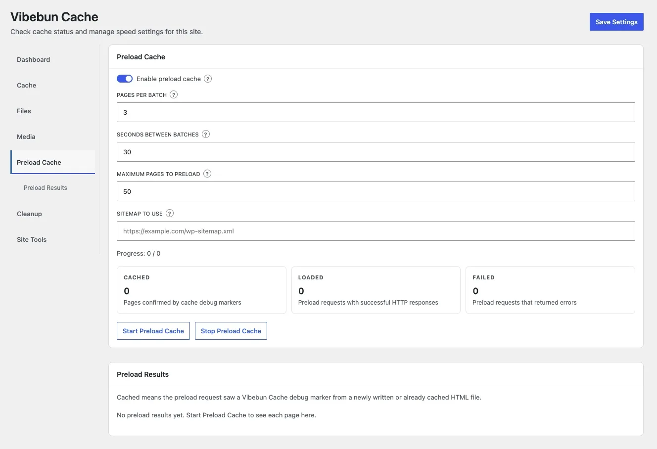 Vibebun Cache — Preload cache: Point the crawler at your sitemap, set pages per batch and the delay between them, then watch the cached, loaded, and failed counts as the cache warms itself.