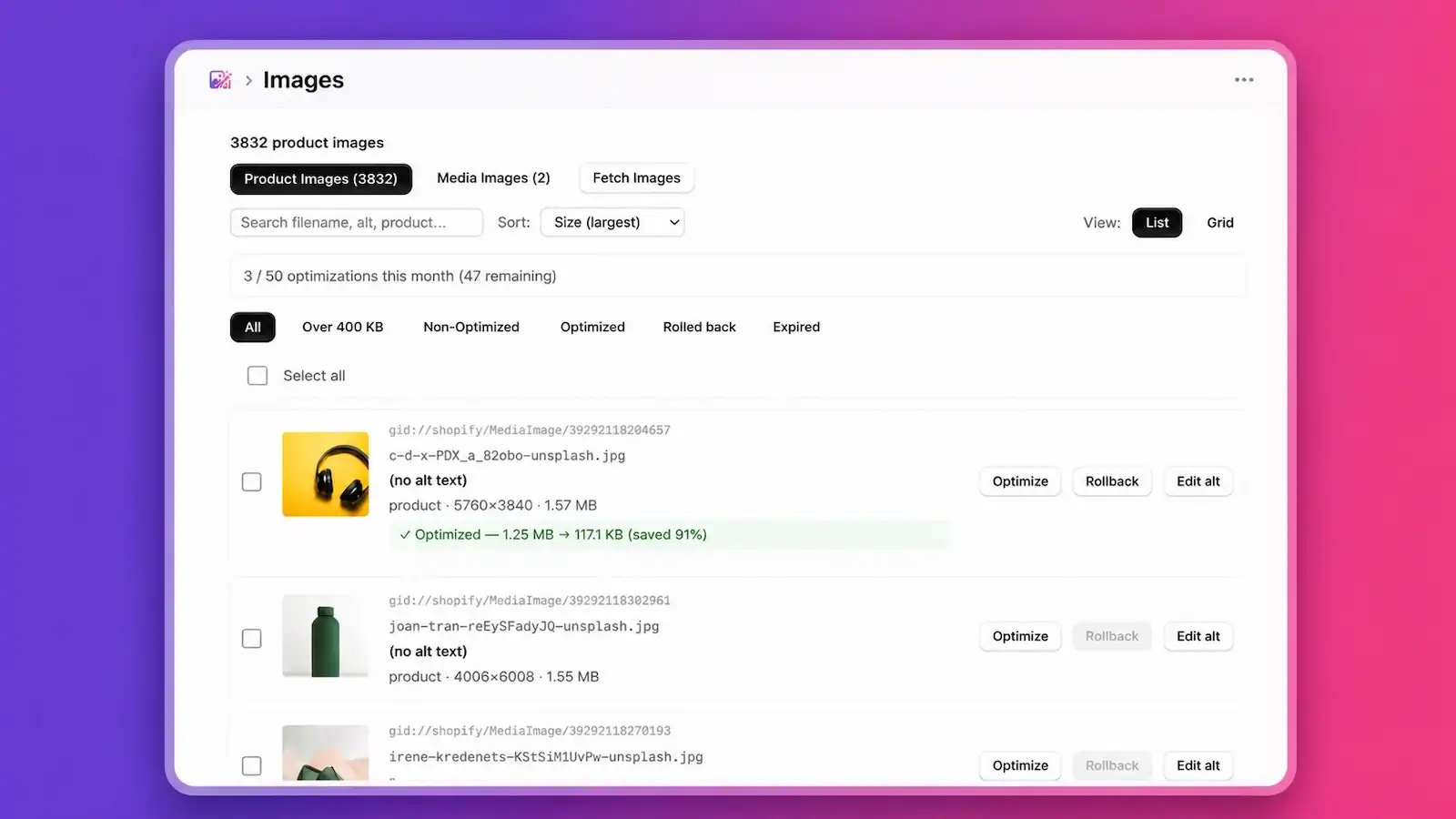 Vibebun Image Optimizer — Image browser: Browse product and media images in list or grid view. Filter by size, status, or rollback state. See inline compression results.