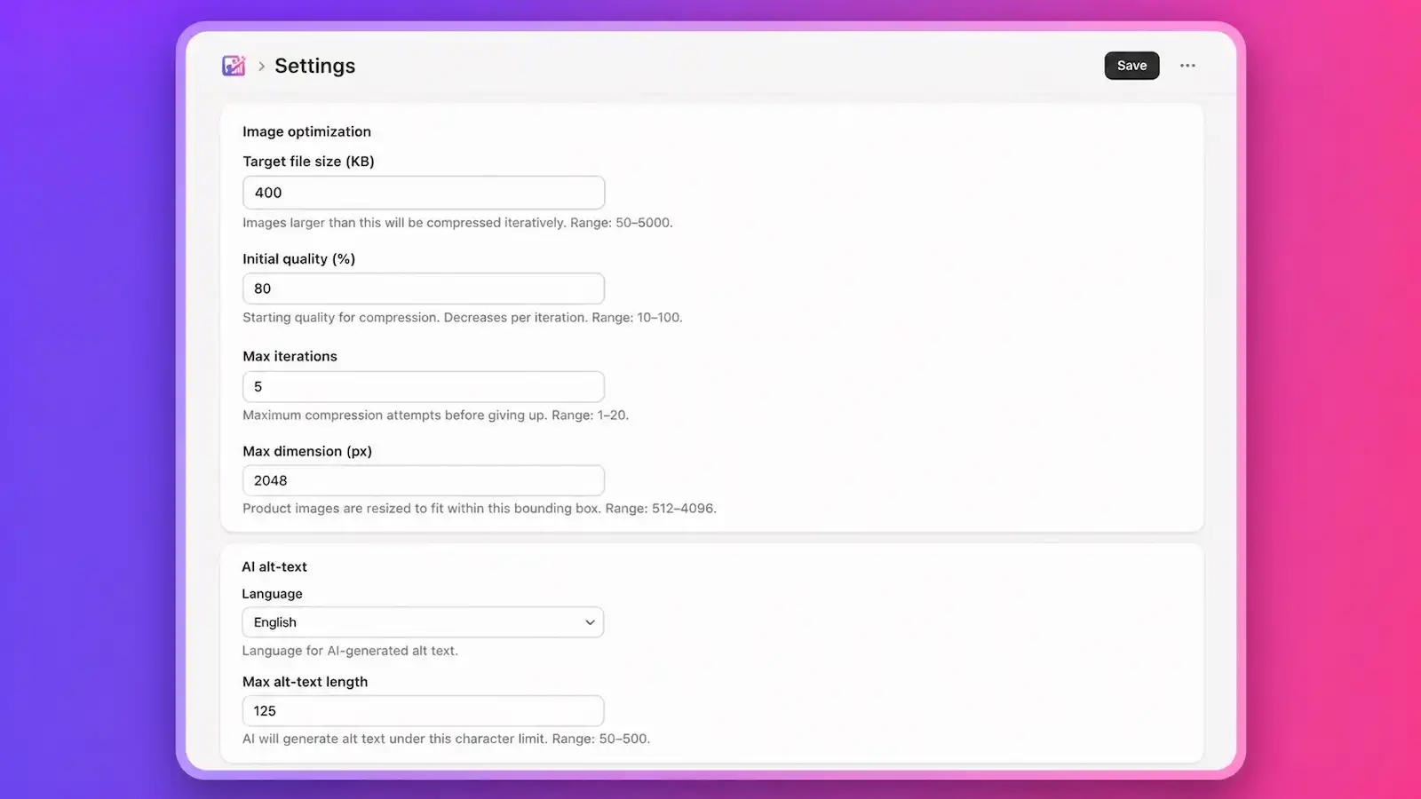 Vibebun Image Optimizer — Settings: Configure target file size, compression quality, max iterations, max dimensions, AI alt-text language, and rollback expiry.